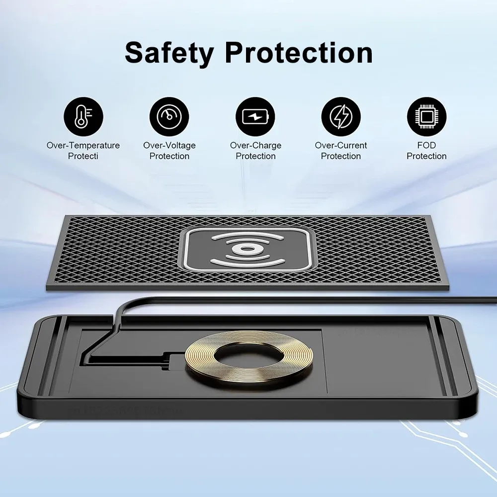 Chargeur sans fil pour voiture en silicone avec tapis antidérapant, compatible iPhone 12 à 15, Samsung S23/S24 et Xiaomi 6