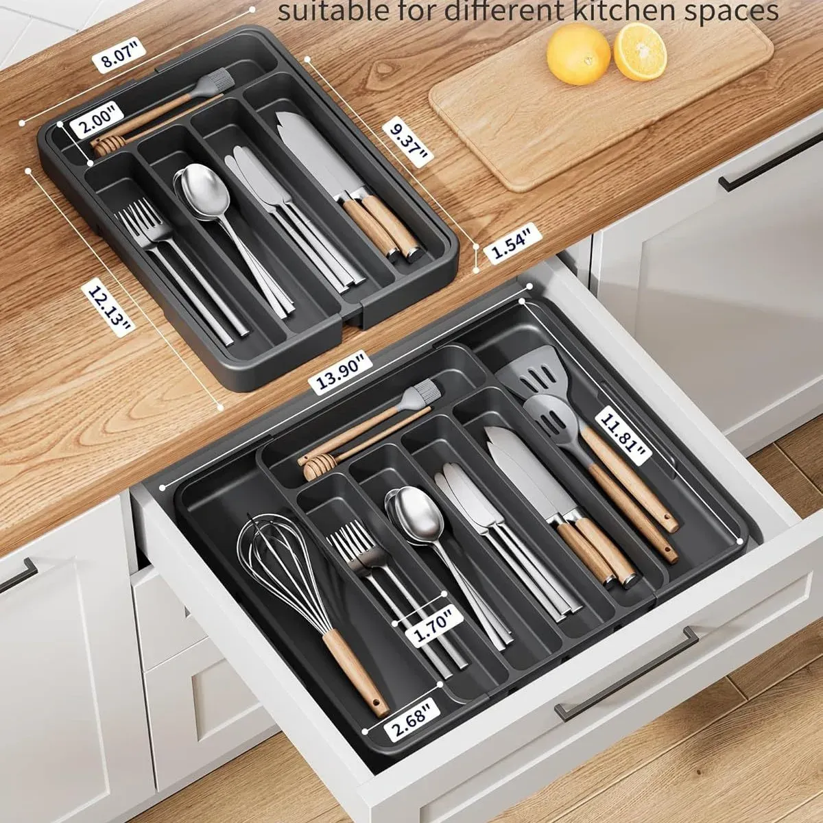Boîte de rangement en plastique réglable et extensible pour ustensiles de cuisine et fournitures de bureau 3