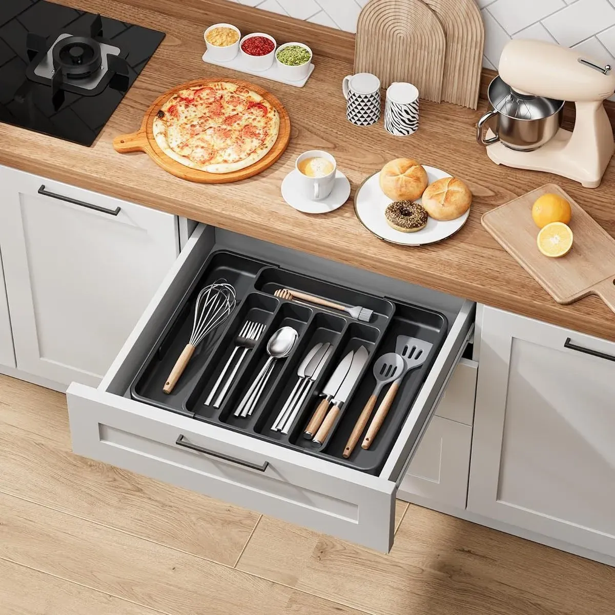 Boîte de rangement en plastique réglable et extensible pour ustensiles de cuisine et fournitures de bureau 2