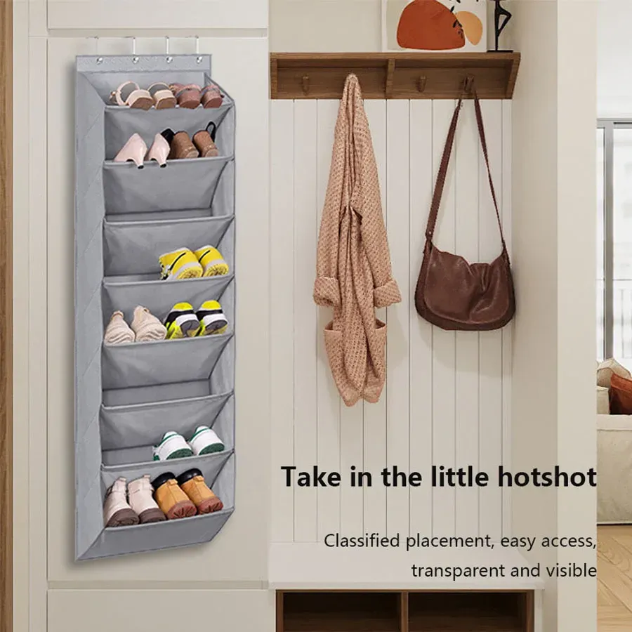 Organisateur à chaussures suspendu pour porte, idéal pour placard, avec grande poche profonde, format étroit, compatible bottes 2