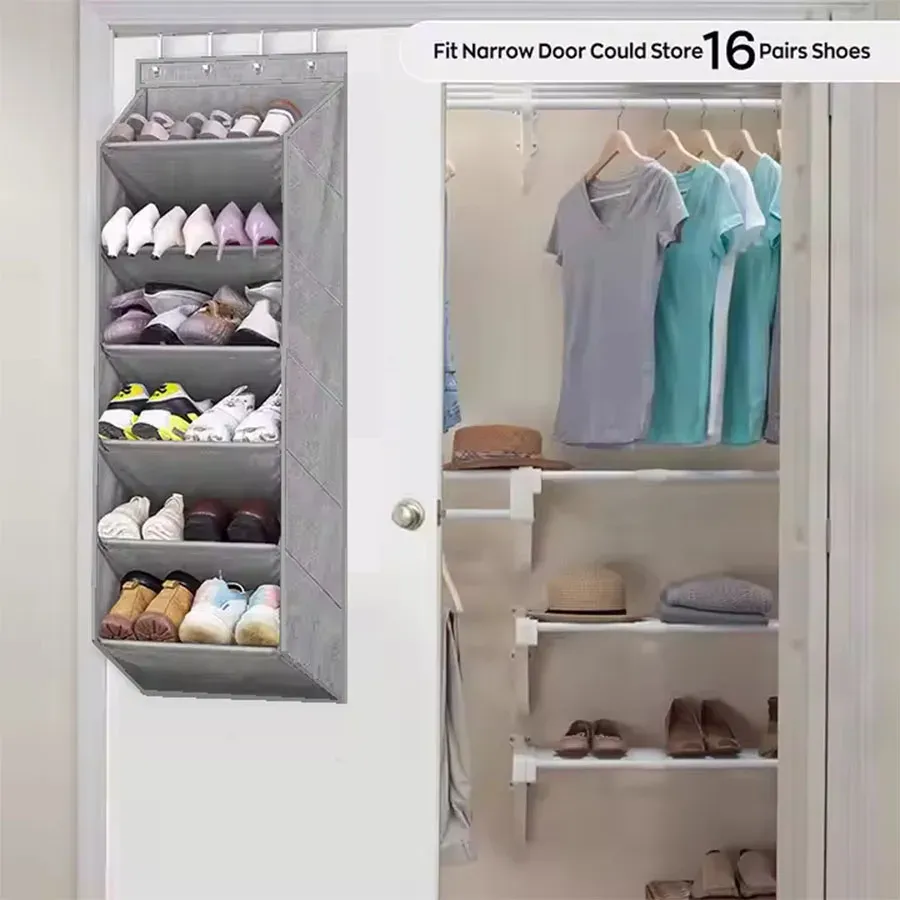 Organisateur à chaussures suspendu pour porte, idéal pour placard, avec grande poche profonde, format étroit, compatible bottes 6