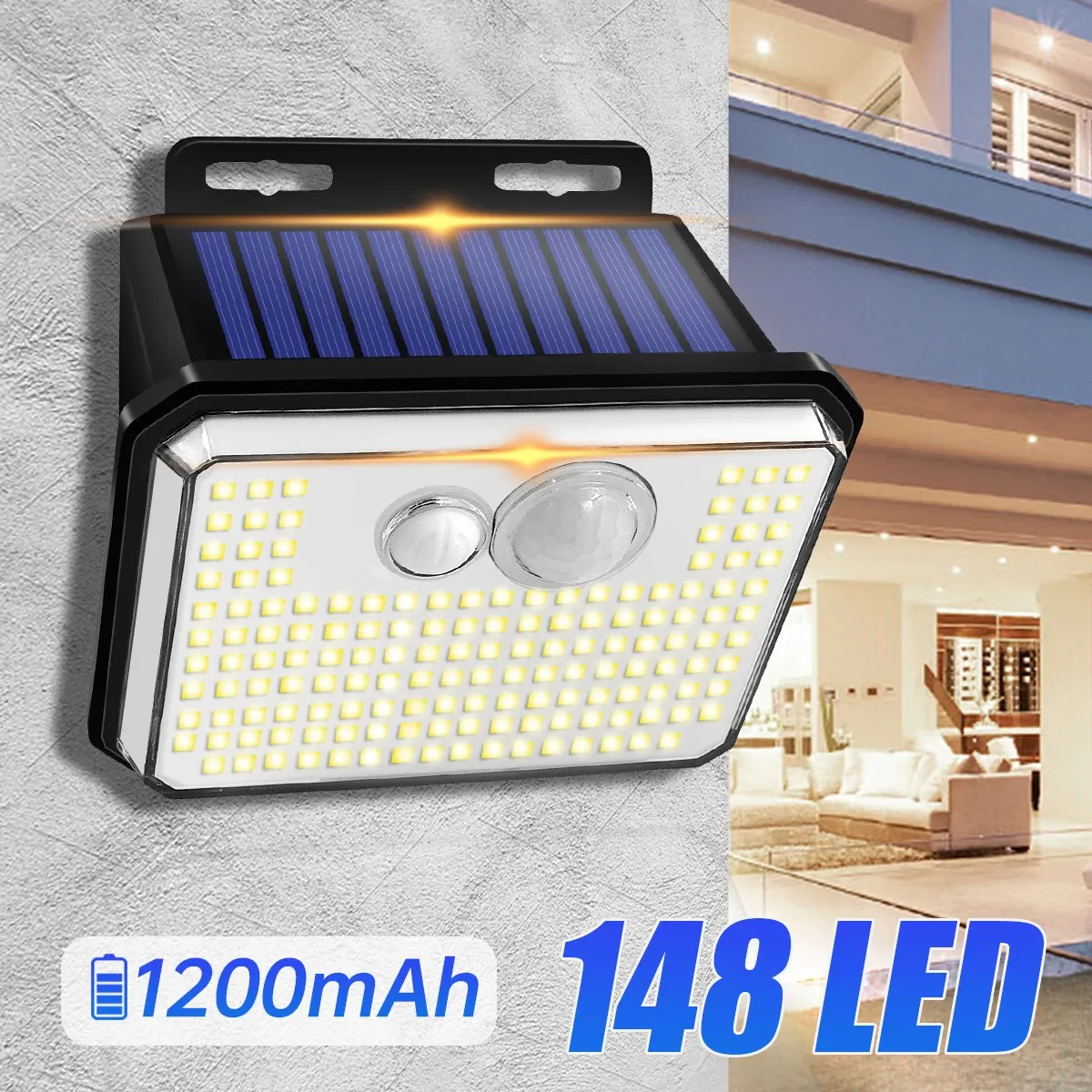 Applique murale solaire étanche IP65 avec détecteur de mouvement, éclairage d'extérieur haute luminosité, luminaire de sécurité à 3 modes, 148 - Image 1