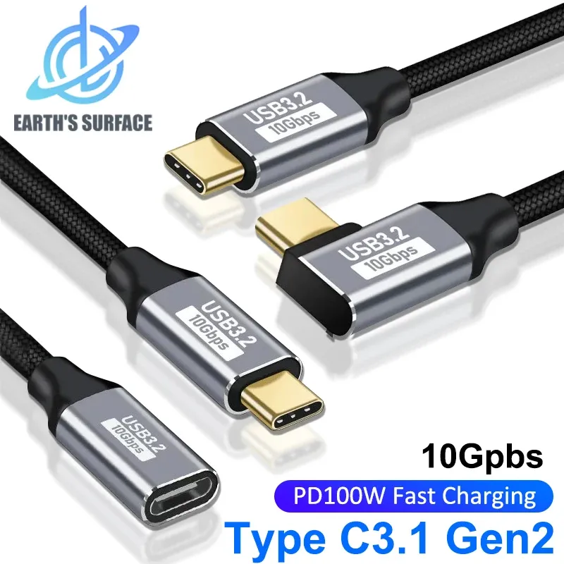 Câble de charge rapide 100 W PD, 5 A, USB-C 3.1, rallonge mâle vers femelle coudée à 90°, 10 Gbps, prolongateur USB-C