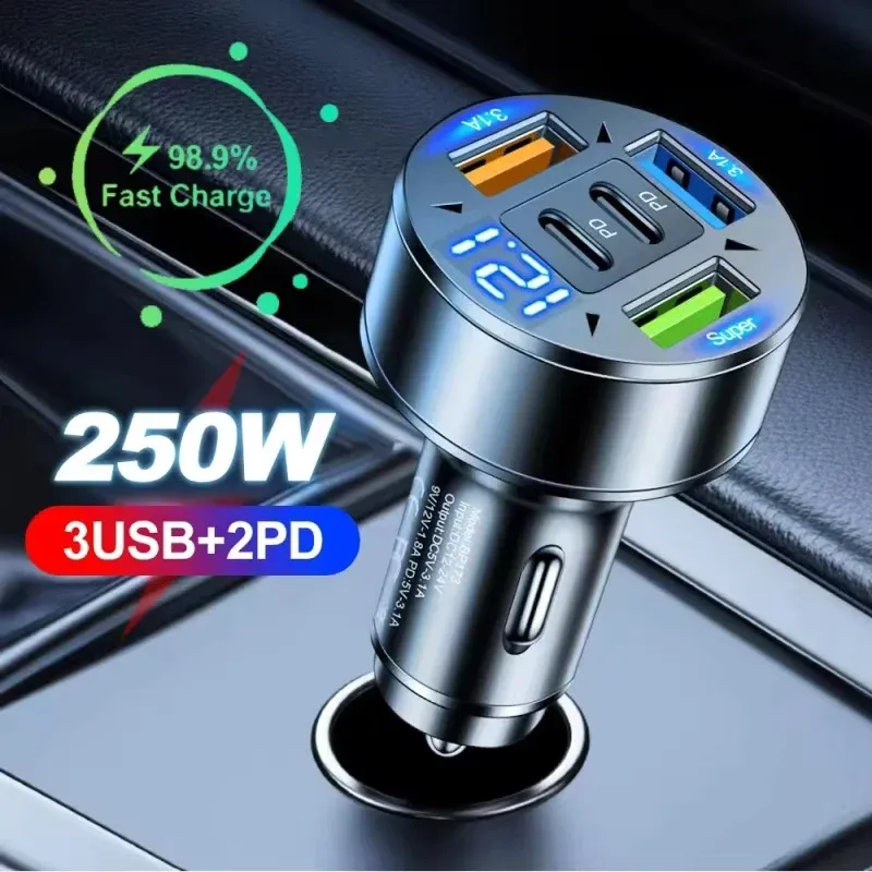 Chargeur de voiture 250 W 5 ports avec charge rapide PD et QC 3.0 USB-C, compatible iPhone, Samsung, Huawei et Xiaomi