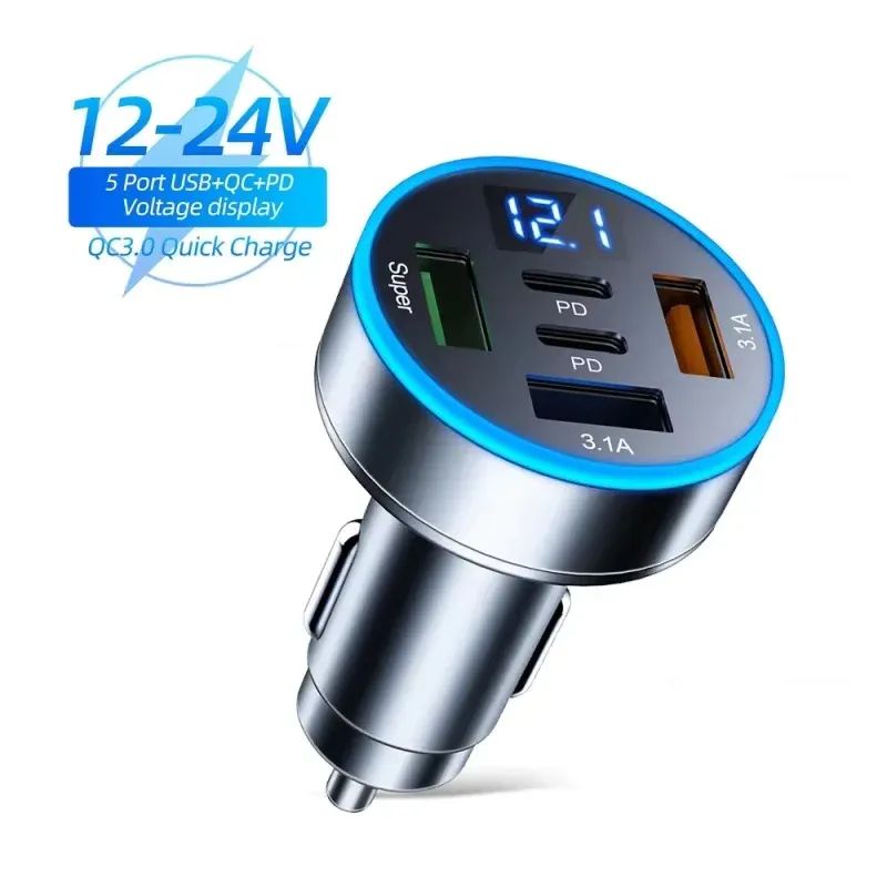 Chargeur de voiture 250 W 5 ports avec charge rapide PD et QC 3.0 USB-C, compatible iPhone, Samsung, Huawei et Xiaomi 8