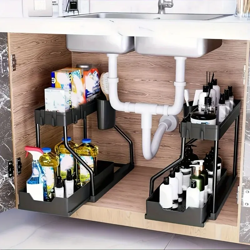 Organisateur coulissant à 2 niveaux pour sous l'évier avec crochets et porte-gobelets pour cuisine, salle de bain, plan de travail et armoire 2