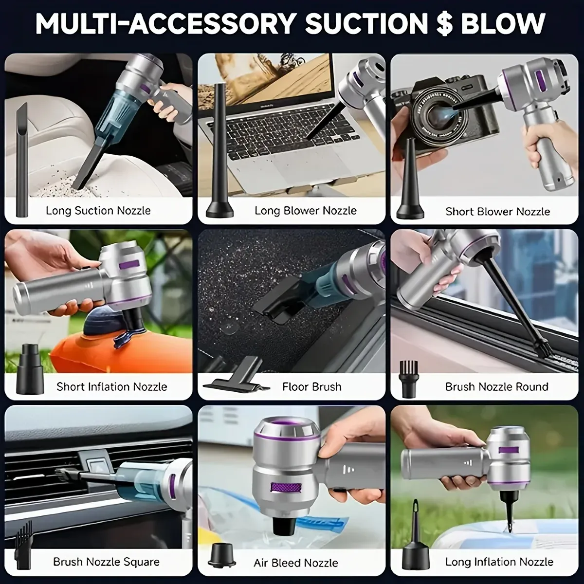 Aspirateur de voiture sans fil 6 en 1 avec fonction soufflante, portatif et rechargeable, pour la maison et l'automobile 6