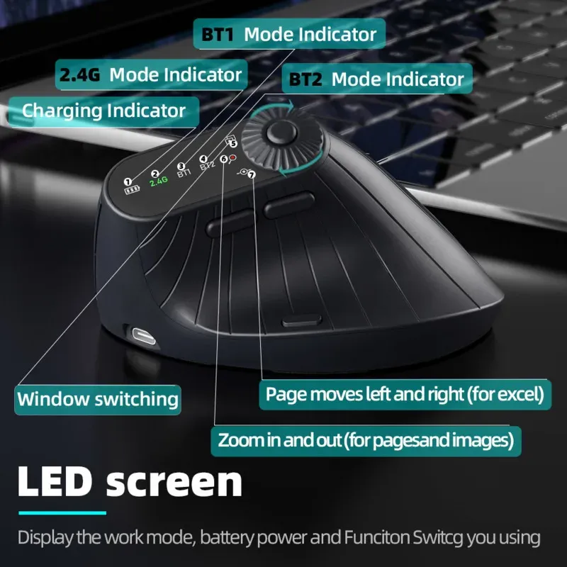 Souris optique verticale sans fil rechargeable avec bouton de réglage de fonction, ergonomique et polyvalente 3