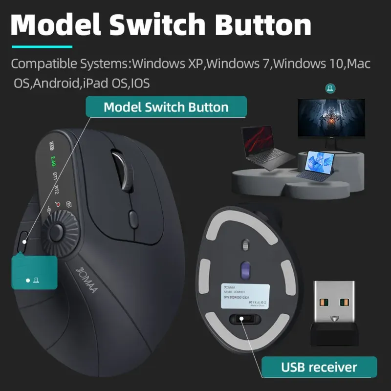 Souris optique verticale sans fil rechargeable avec bouton de réglage de fonction, ergonomique et polyvalente 5
