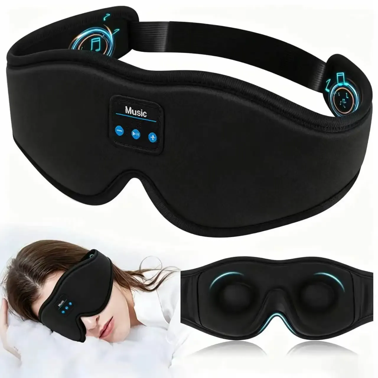 Masque de sommeil 3D Bluetooth HTMCK avec haut-parleurs HD intégrés : masque pour les yeux diffusant de la musique et écouteurs confortables 3