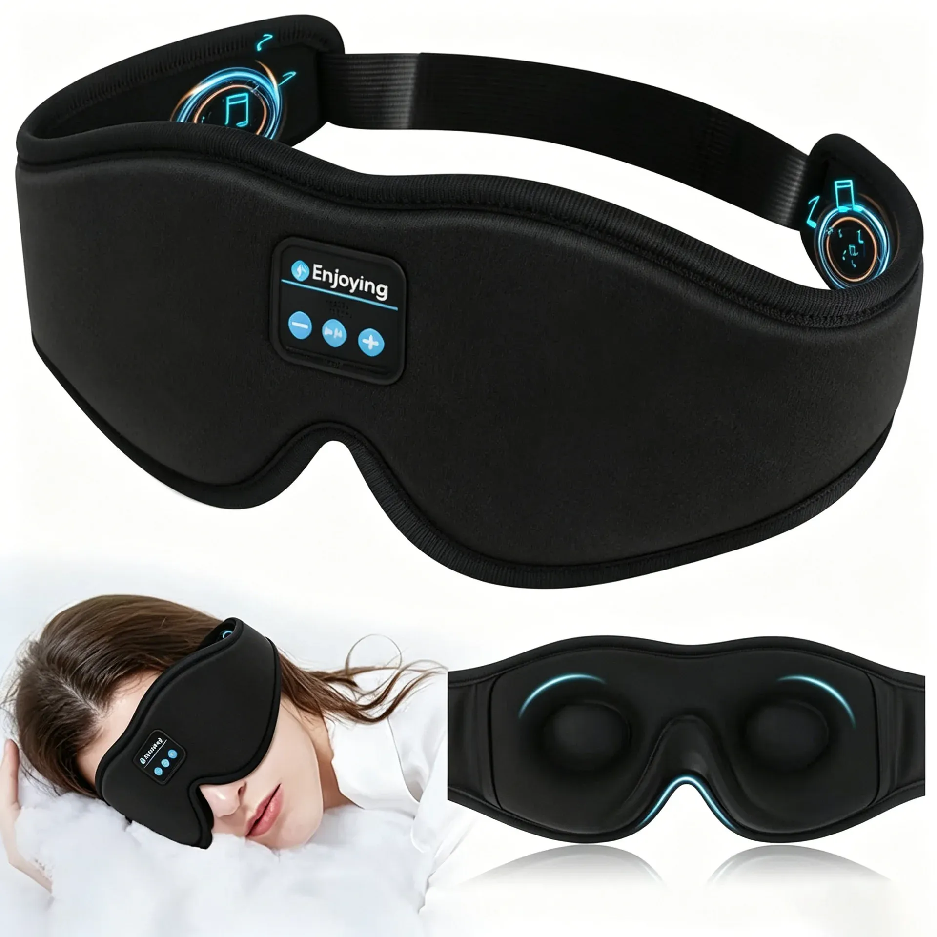 Masque de sommeil 3D Bluetooth HTMCK avec haut-parleurs HD intégrés : masque pour les yeux diffusant de la musique et écouteurs confortables 4