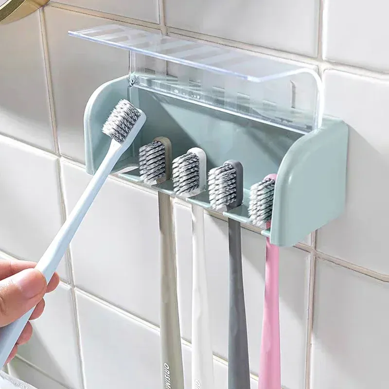 Porte-brosses à dents mural avec couvercle, 5 emplacements, sans perçage, auto-adhésif