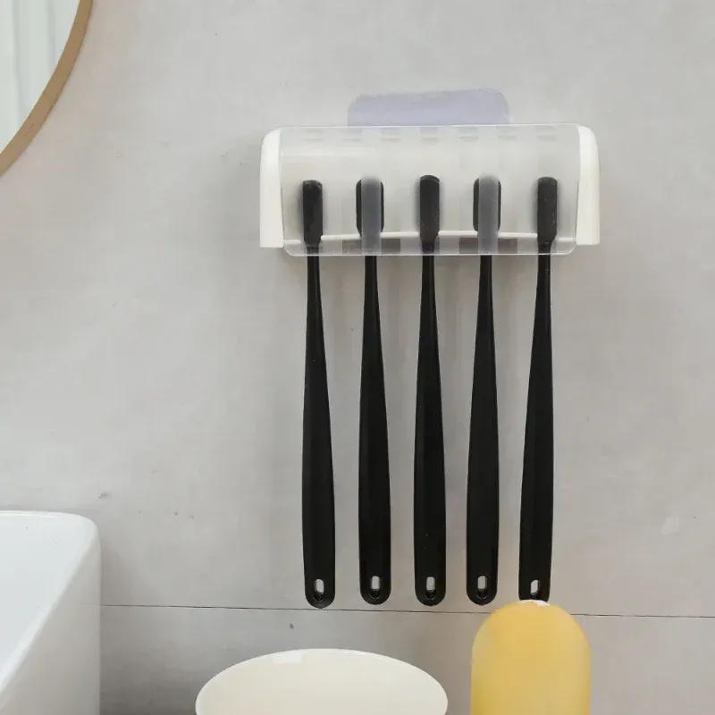 Porte-brosses à dents mural avec couvercle, 5 emplacements, sans perçage, auto-adhésif 4