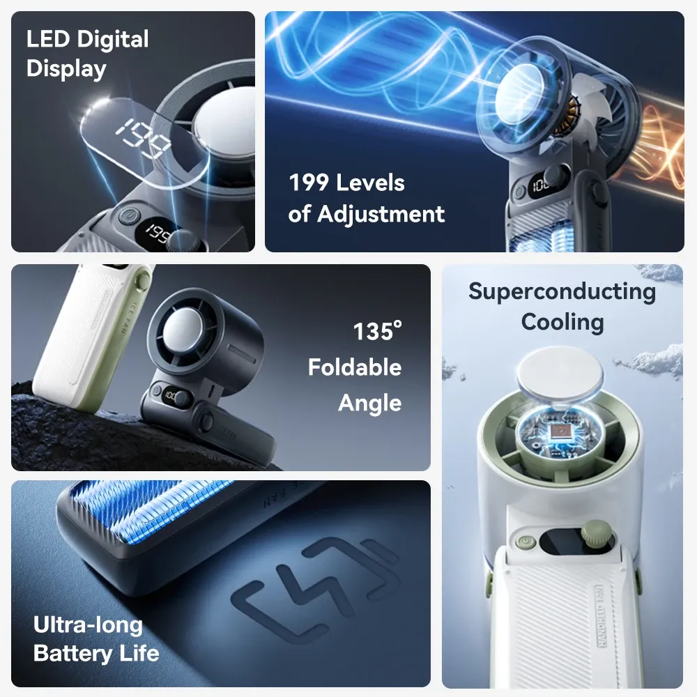Ventilateur portatif pliable 3 en 1 199Gear F5PRO, mode turbo, affichage LED numérique, batterie 6000 mAh, usage extérieur 2