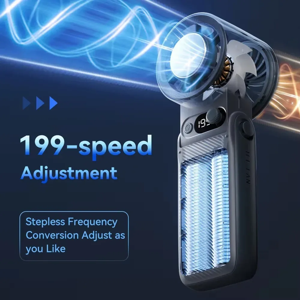 Ventilateur portatif pliable 3 en 1 199Gear F5PRO, mode turbo, affichage LED numérique, batterie 6000 mAh, usage extérieur 6