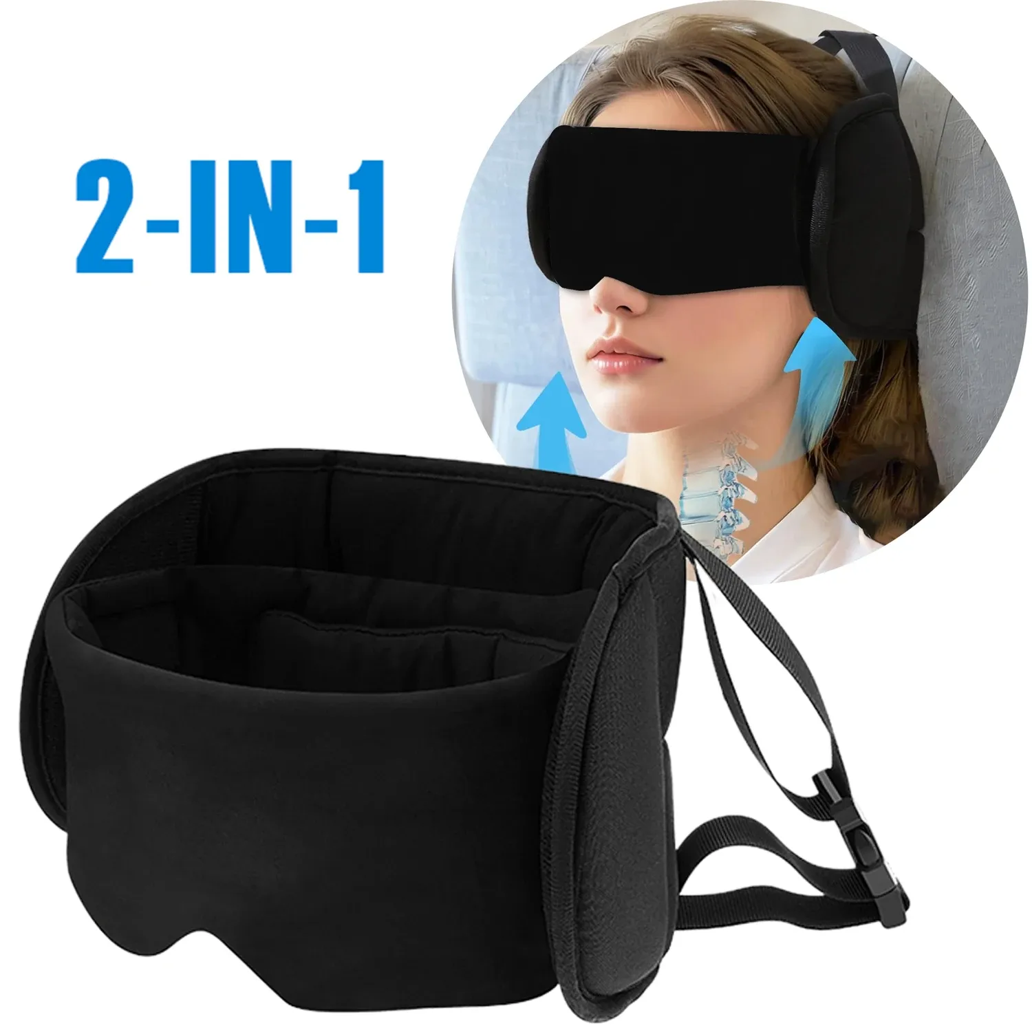 Oreiller de voyage 2 en 1 en coton à 360° avec masque pour les yeux, appui-tête d'avion, réduit la fatigue, massage confortable, oreiller de cou pour le sommeil