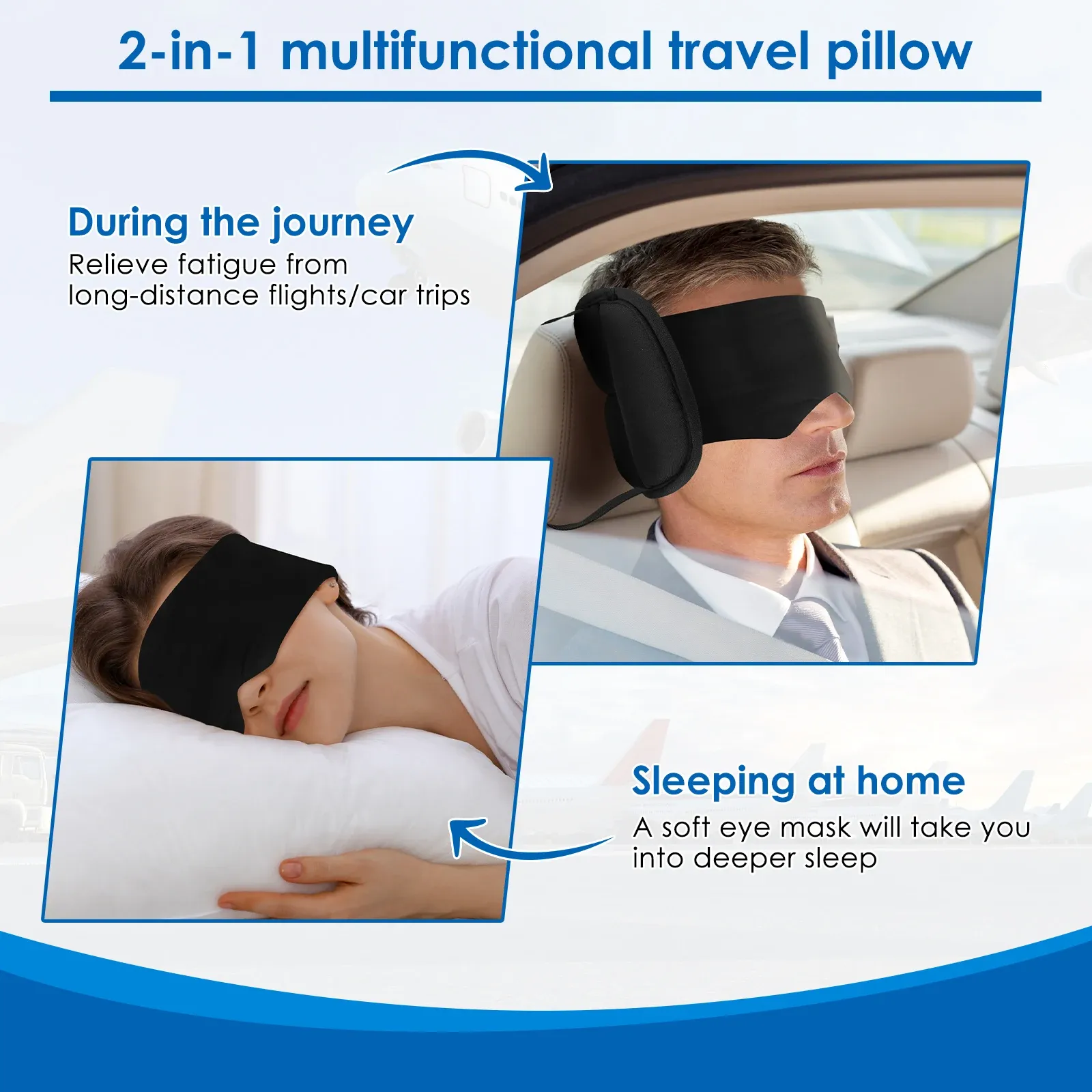 Oreiller de voyage 2 en 1 en coton à 360° avec masque pour les yeux, appui-tête d'avion, réduit la fatigue, massage confortable, oreiller de cou pour le sommeil 4