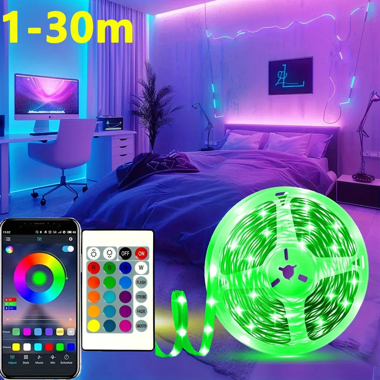 Ruban LED RGB Bluetooth 5050 - Rétroéclairage TV USB avec Contrôle App et Télécommande (1-30m) - Image 1