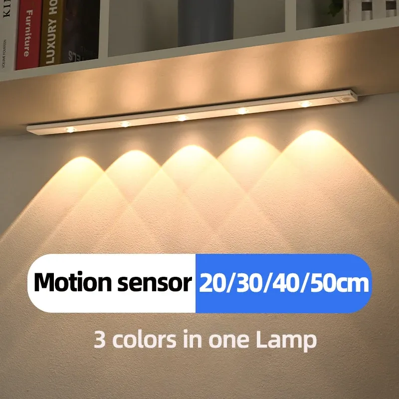 Lumière LED pour armoire, blanche ou noire, rechargeable par USB, avec capteur de mouvement, longueurs 20, 30, 40 ou 50 cm