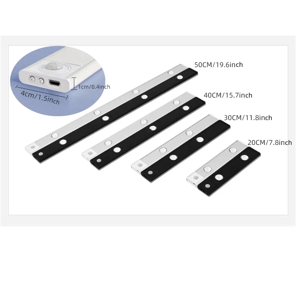 Lumière LED pour armoire, blanche ou noire, rechargeable par USB, avec capteur de mouvement, longueurs 20, 30, 40 ou 50 cm 6