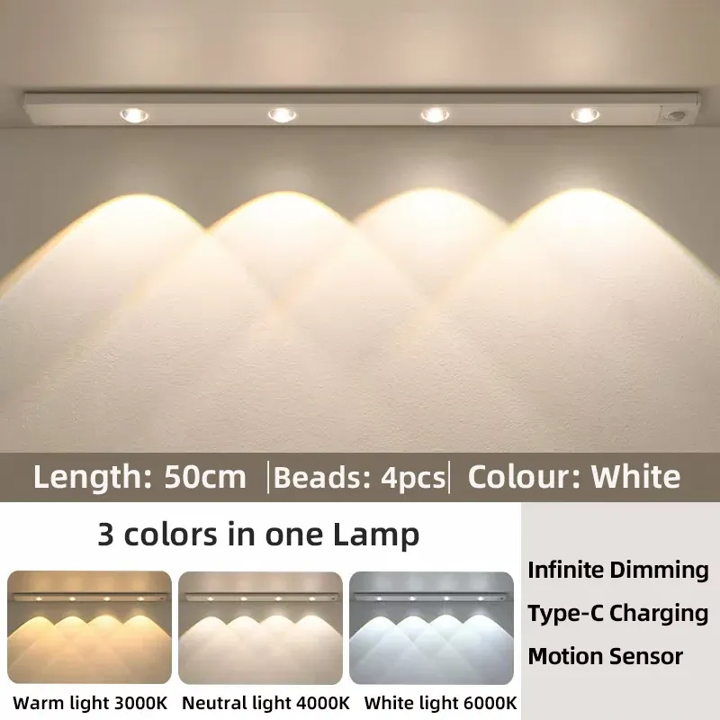 Lumière LED pour armoire, blanche ou noire, rechargeable par USB, avec capteur de mouvement, longueurs 20, 30, 40 ou 50 cm 13