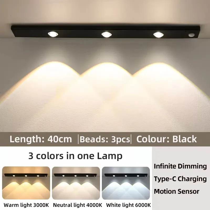 Lumière LED pour armoire, blanche ou noire, rechargeable par USB, avec capteur de mouvement, longueurs 20, 30, 40 ou 50 cm 7