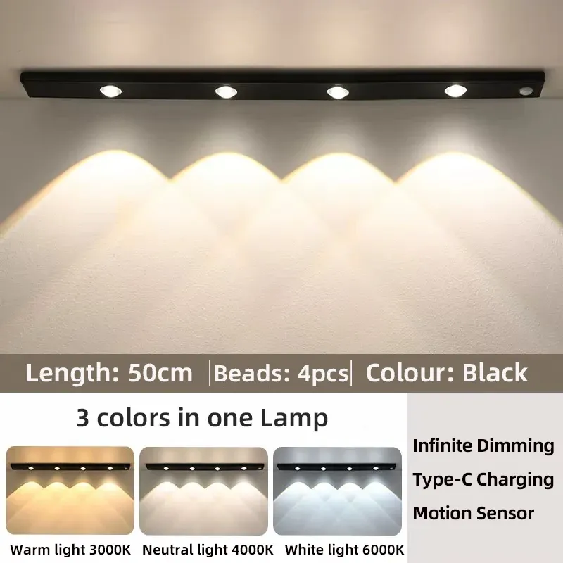 Lumière LED pour armoire, blanche ou noire, rechargeable par USB, avec capteur de mouvement, longueurs 20, 30, 40 ou 50 cm 9