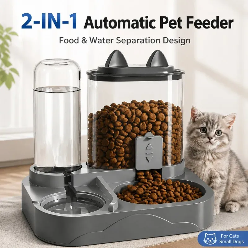 Distributeur automatique 2-en-1 d'eau et de nourriture pour chats et petits chiens, avec bol à gravité et compartiments séparés pour aliments humides et secs