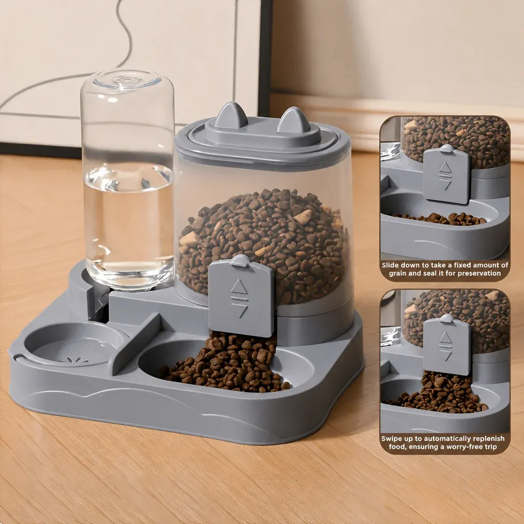 Distributeur automatique 2-en-1 d'eau et de nourriture pour chats et petits chiens, avec bol à gravité et compartiments séparés pour aliments humides et secs 4