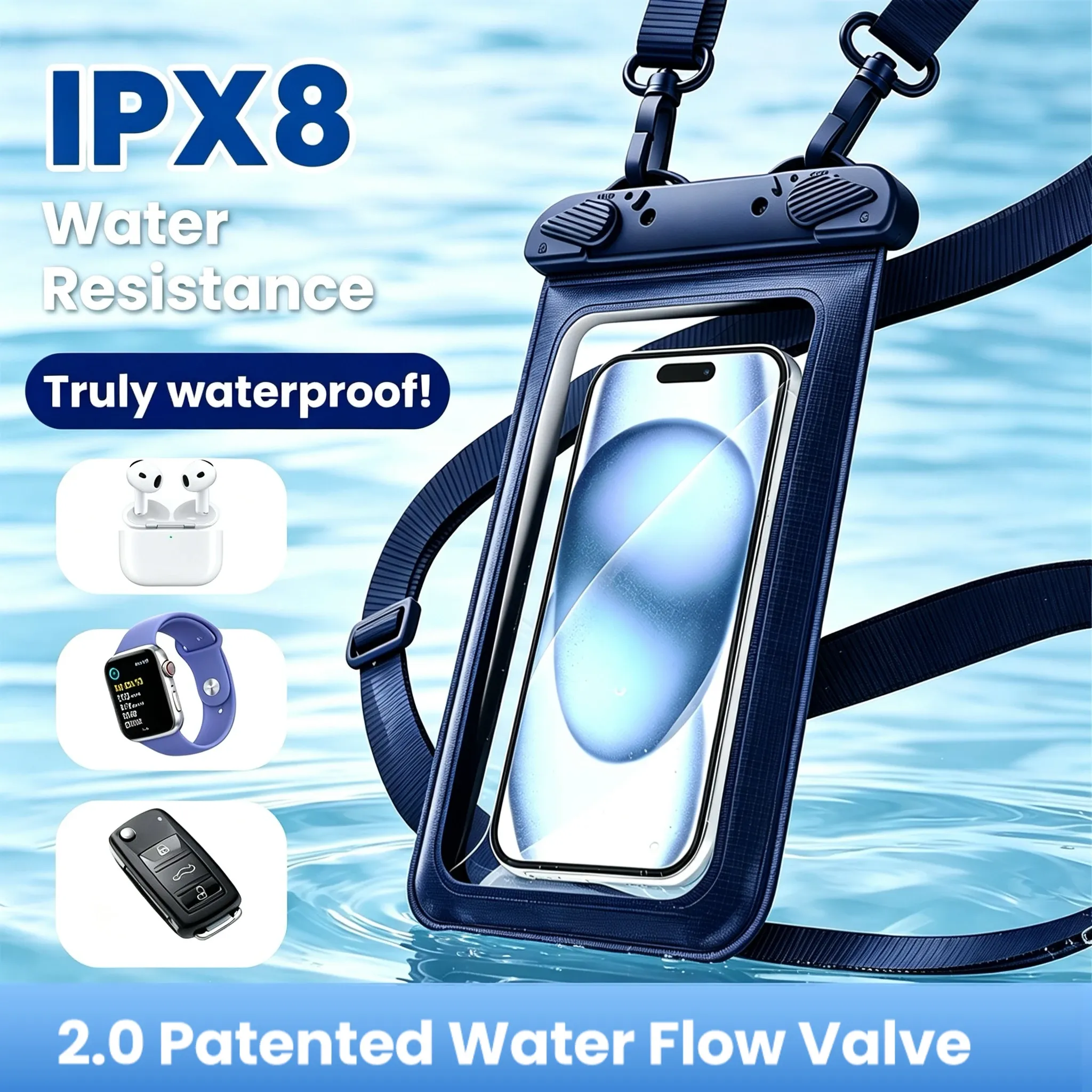 Pochette étanche transparente en PVC pour téléphone 7,5 pouces, compatible écran tactile, double fermeture à clip, étanchéité niveau 8 pour la natation et la plongée
