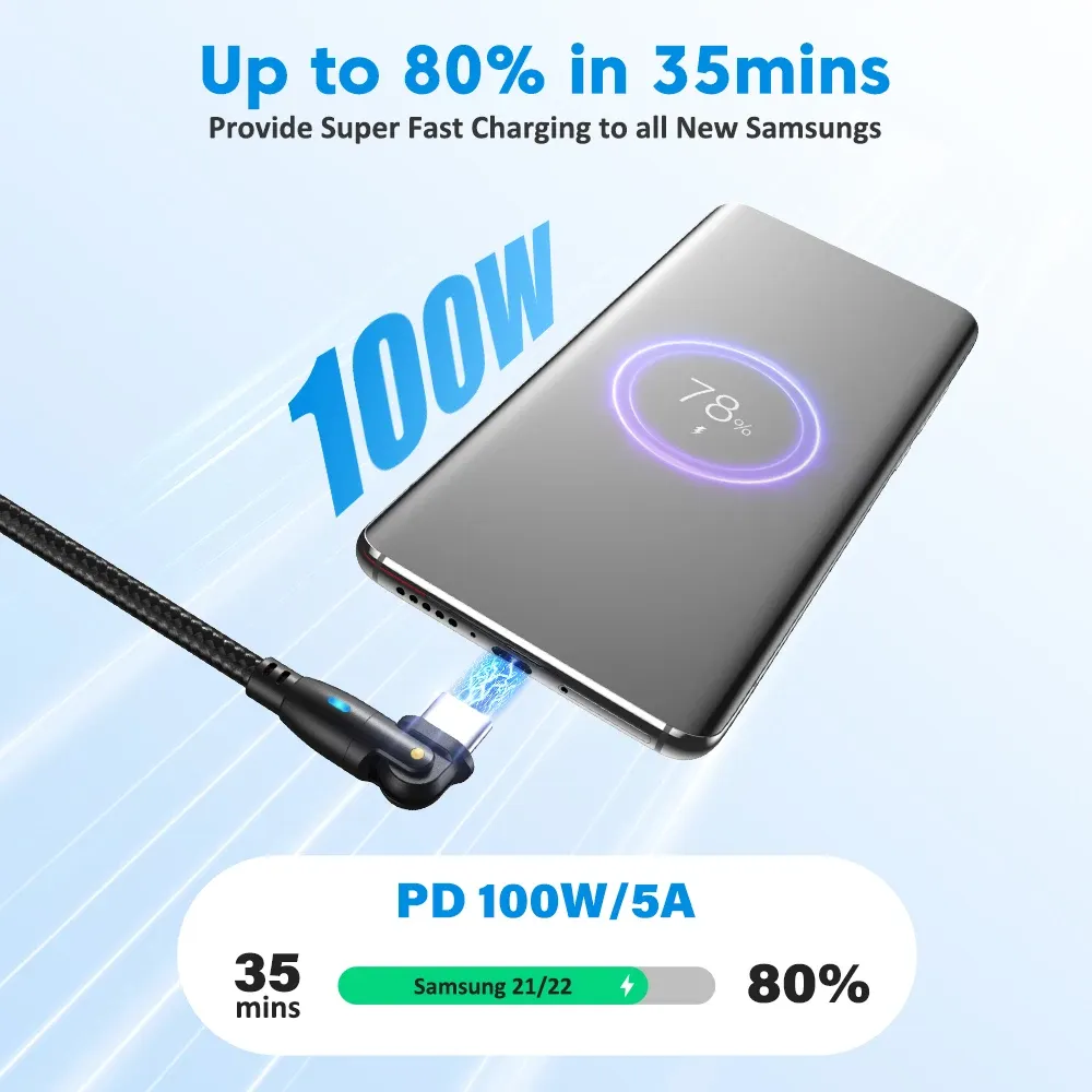Câble USB-C AUFU 5A PD 100 W, Charge rapide pour MacBook Pro, Xiaomi, iPad et Samsung, Rotatif 180° 2