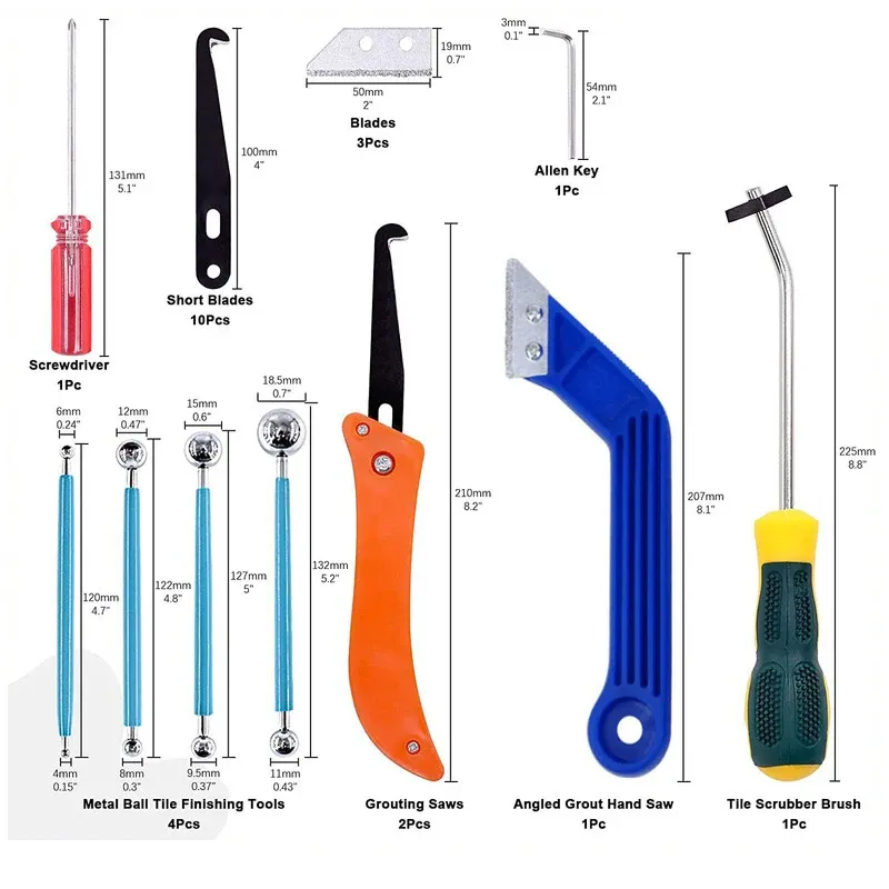 Kit d'outils pour l'élimination du coulis, 22 pièces : lame de scie, scie à main, brosse de nettoyage pour joints de carrelage et racloir de calfeutrage pour sol - Image 1