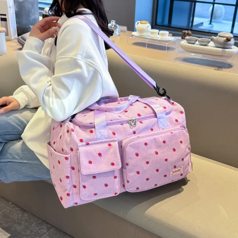 Sac fourre-tout de voyage en velours côtelé à grande capacité avec compartiment à chaussures, pour femme