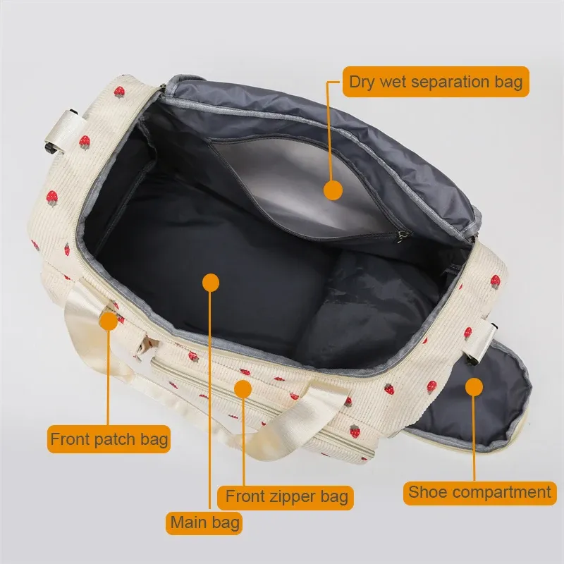 Sac fourre-tout de voyage en velours côtelé à grande capacité avec compartiment à chaussures, pour femme 5