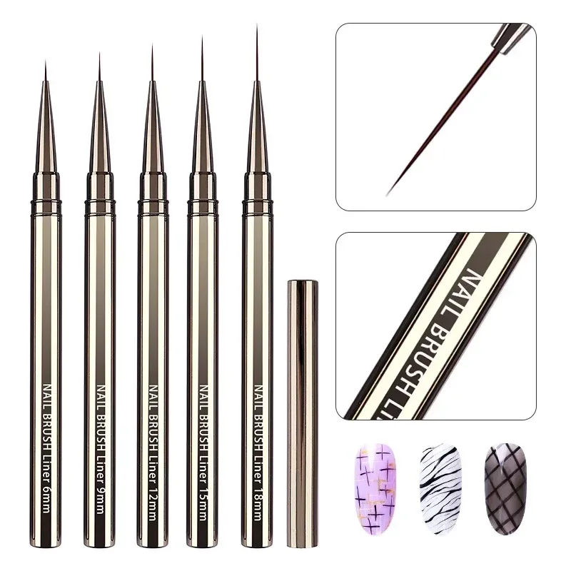 Ensemble de 5 pinceaux à ongles à manche en métal, tailles 6 mm, 9 mm, 12 mm, 15 mm et 18 mm