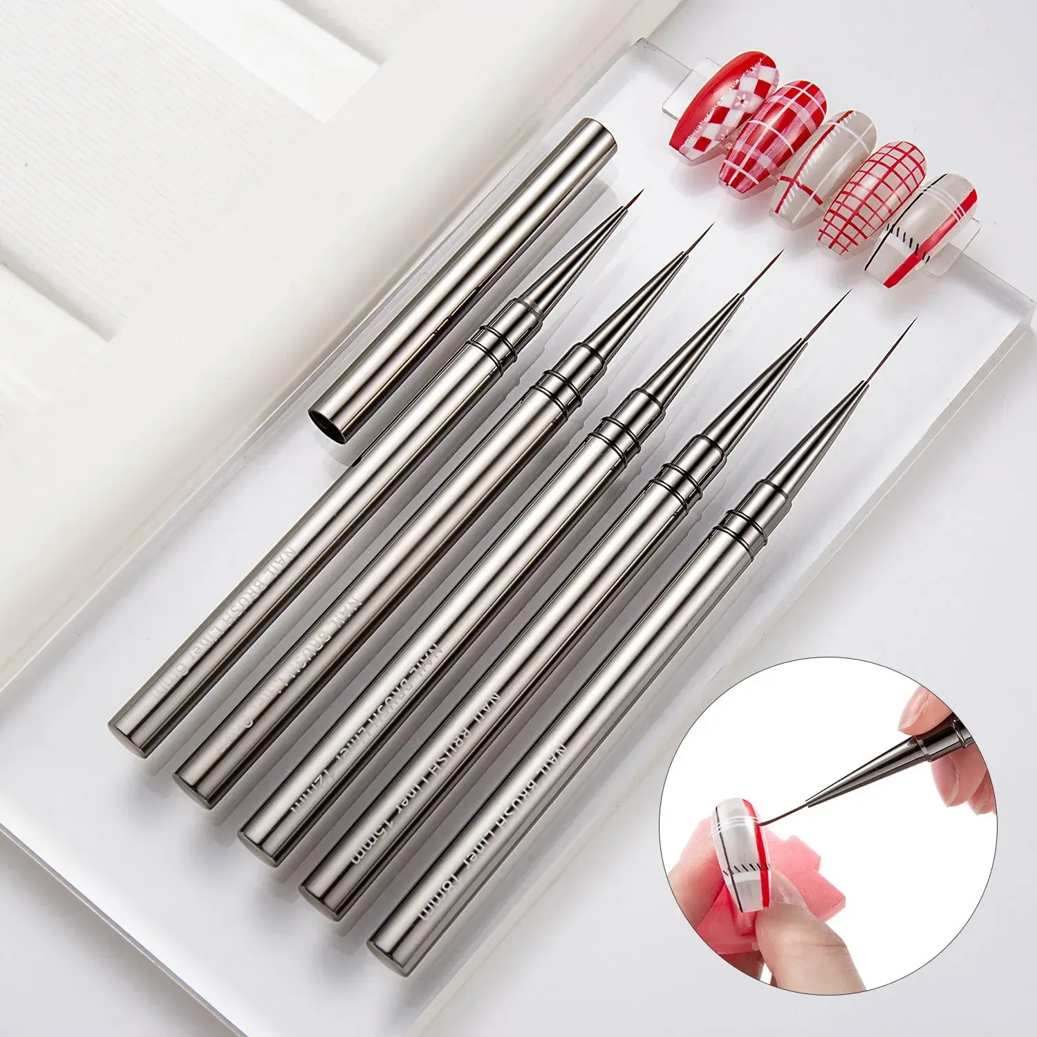 Ensemble de 5 pinceaux à ongles à manche en métal, tailles 6 mm, 9 mm, 12 mm, 15 mm et 18 mm 3