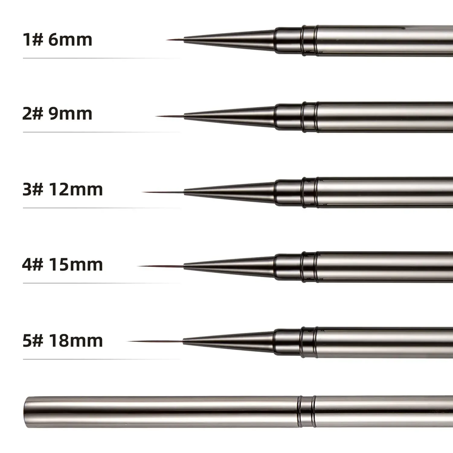Ensemble de 5 pinceaux à ongles à manche en métal, tailles 6 mm, 9 mm, 12 mm, 15 mm et 18 mm 6
