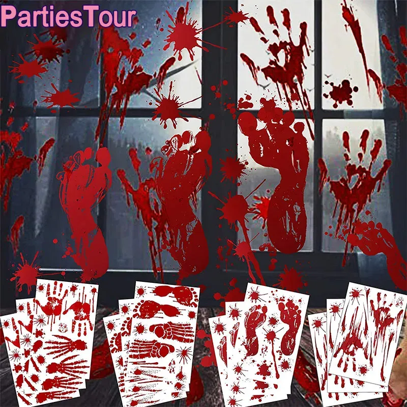 Autocollants Muraux d'Halloween pour Portes et Fenêtres, Empreinte de Main Sanglante, Motif Crâne 2