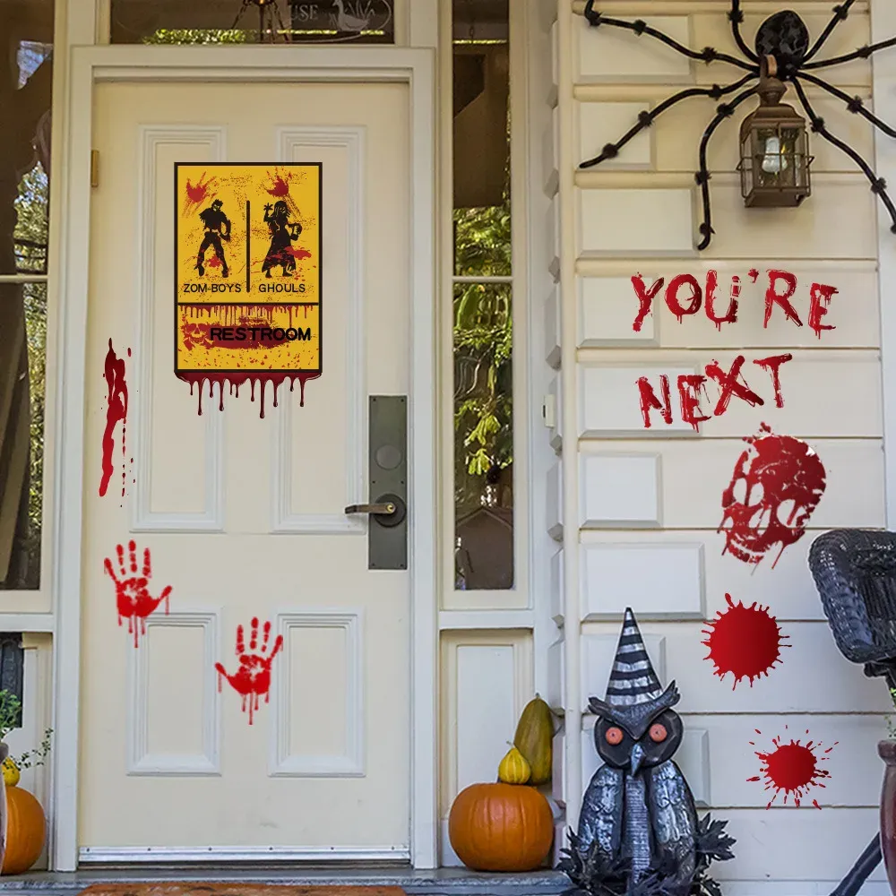 Autocollants Muraux d'Halloween pour Portes et Fenêtres, Empreinte de Main Sanglante, Motif Crâne 5