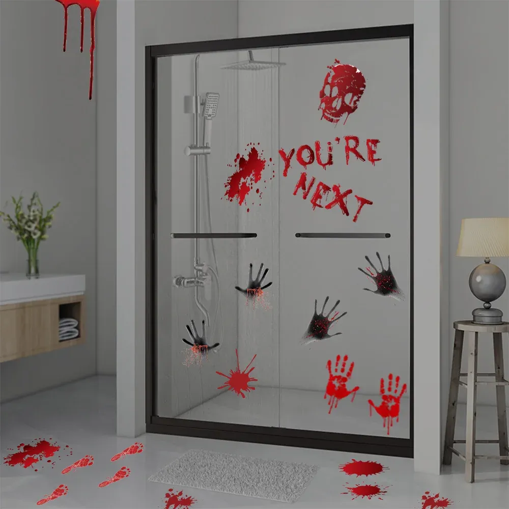 Autocollants Muraux d'Halloween pour Portes et Fenêtres, Empreinte de Main Sanglante, Motif Crâne 6
