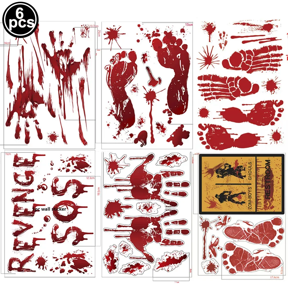 Autocollants Muraux d'Halloween pour Portes et Fenêtres, Empreinte de Main Sanglante, Motif Crâne 7