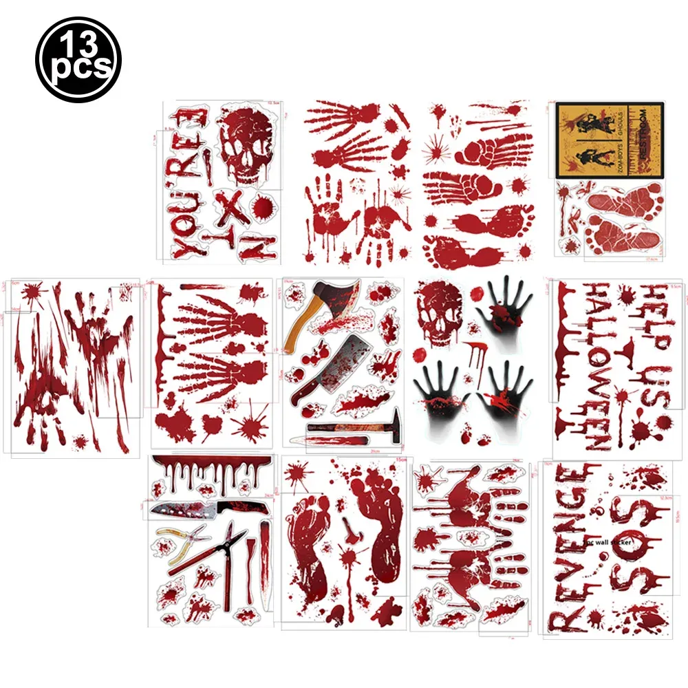Autocollants Muraux d'Halloween pour Portes et Fenêtres, Empreinte de Main Sanglante, Motif Crâne 11