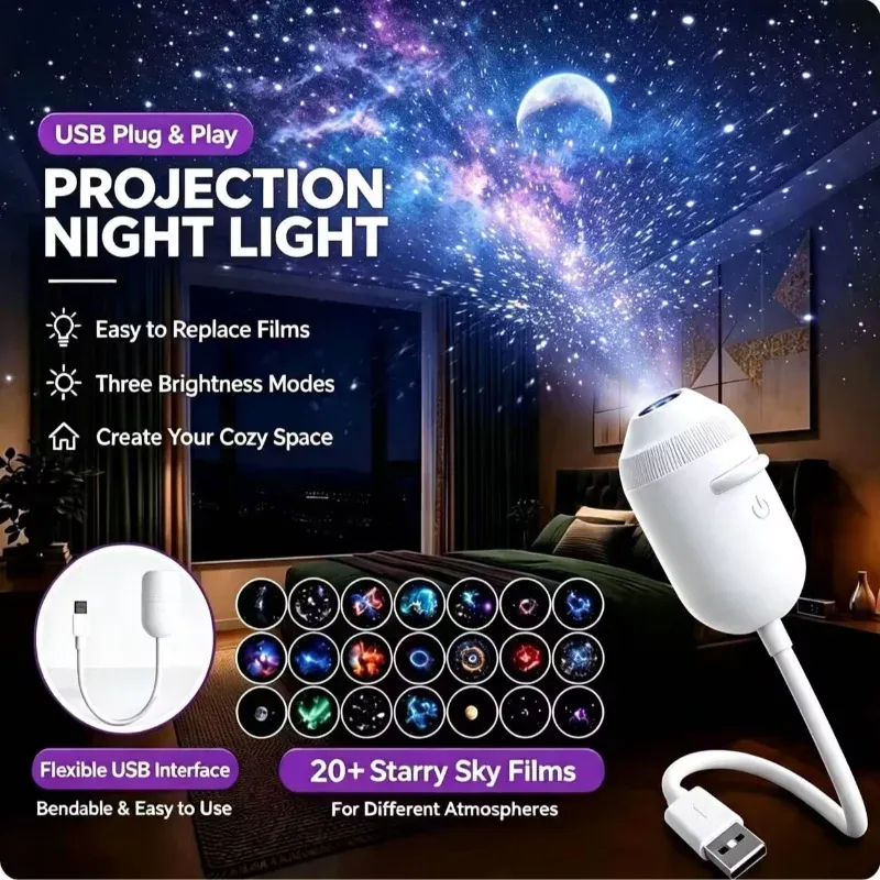 Projecteur de ciel étoilé intelligent HD, veilleuse USB Plug and Play à rotation 360° – Lampe d'ambiance galaxie réglable pour voiture et chambre - Image 1