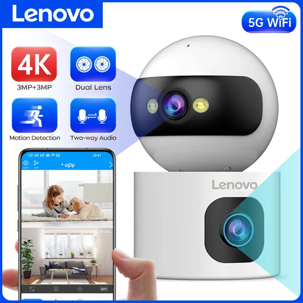 Caméra de surveillance IP sans fil Lenovo, moniteur de sécurité pour bébé avec suivi automatique, caméra de vidéosurveillance intelligente, WiFi 5 GHz, 4K, objectif grand angle, usage domestique