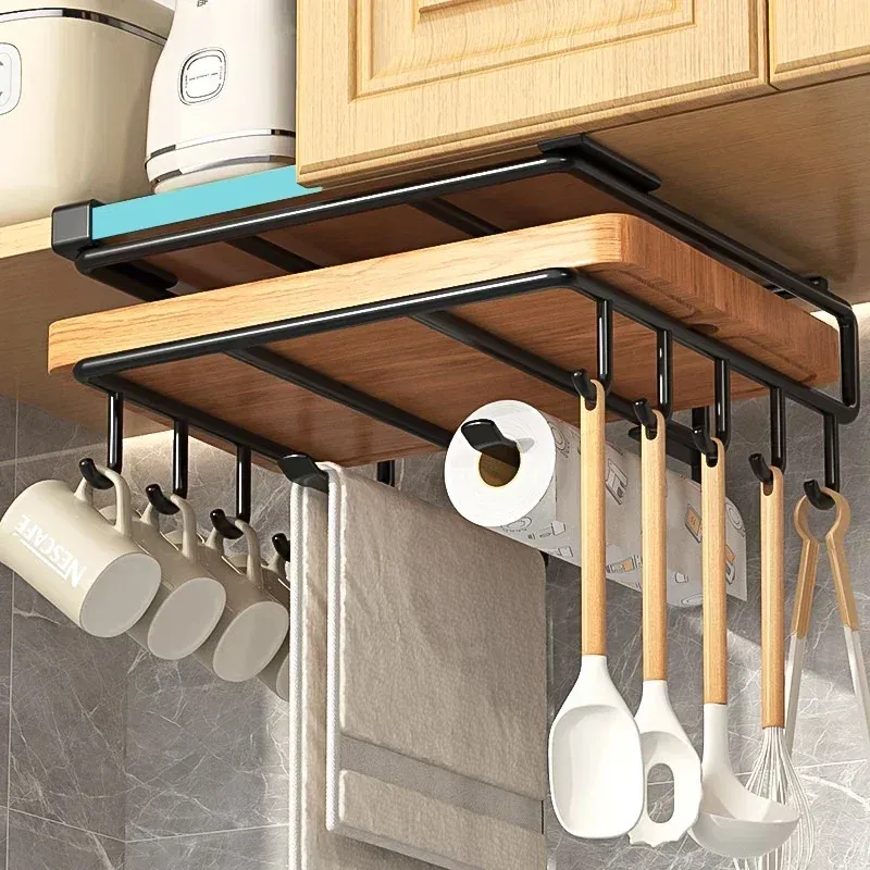 Étagère de rangement suspendue pour cuisine avec crochets sous l'armoire, porte-serviettes en papier, porte-essuie-tout, porte-planche à découper, porte-couvercle de casserole 6
