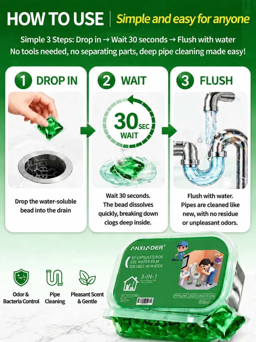 Perles solubles en utilisation dans un drain