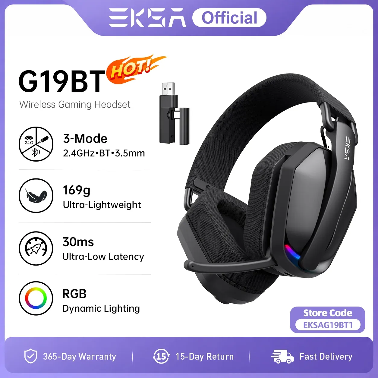 Casque de jeu sans fil EKSA G19BT, 2,4 GHz et Bluetooth 5.4, avec prise jack 3,5 mm, latence de 30 ms, haut-parleurs de 40 mm, autonomie de 35 h, compatible PC, PS5 et Xbox, pliable - Image 1