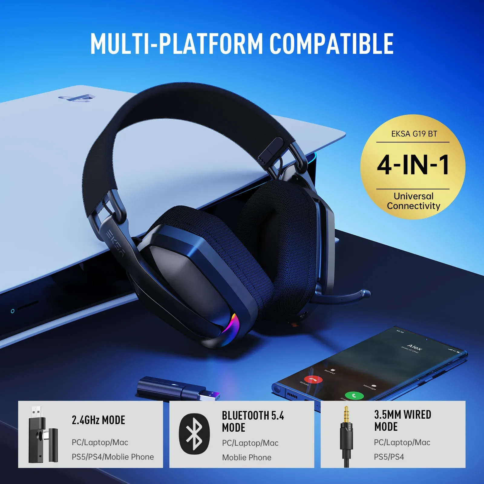 Casque de jeu sans fil EKSA G19BT, 2,4 GHz et Bluetooth 5.4, avec prise jack 3,5 mm, latence de 30 ms, haut-parleurs de 40 mm, autonomie de 35 h, compatible PC, PS5 et Xbox, pliable 2