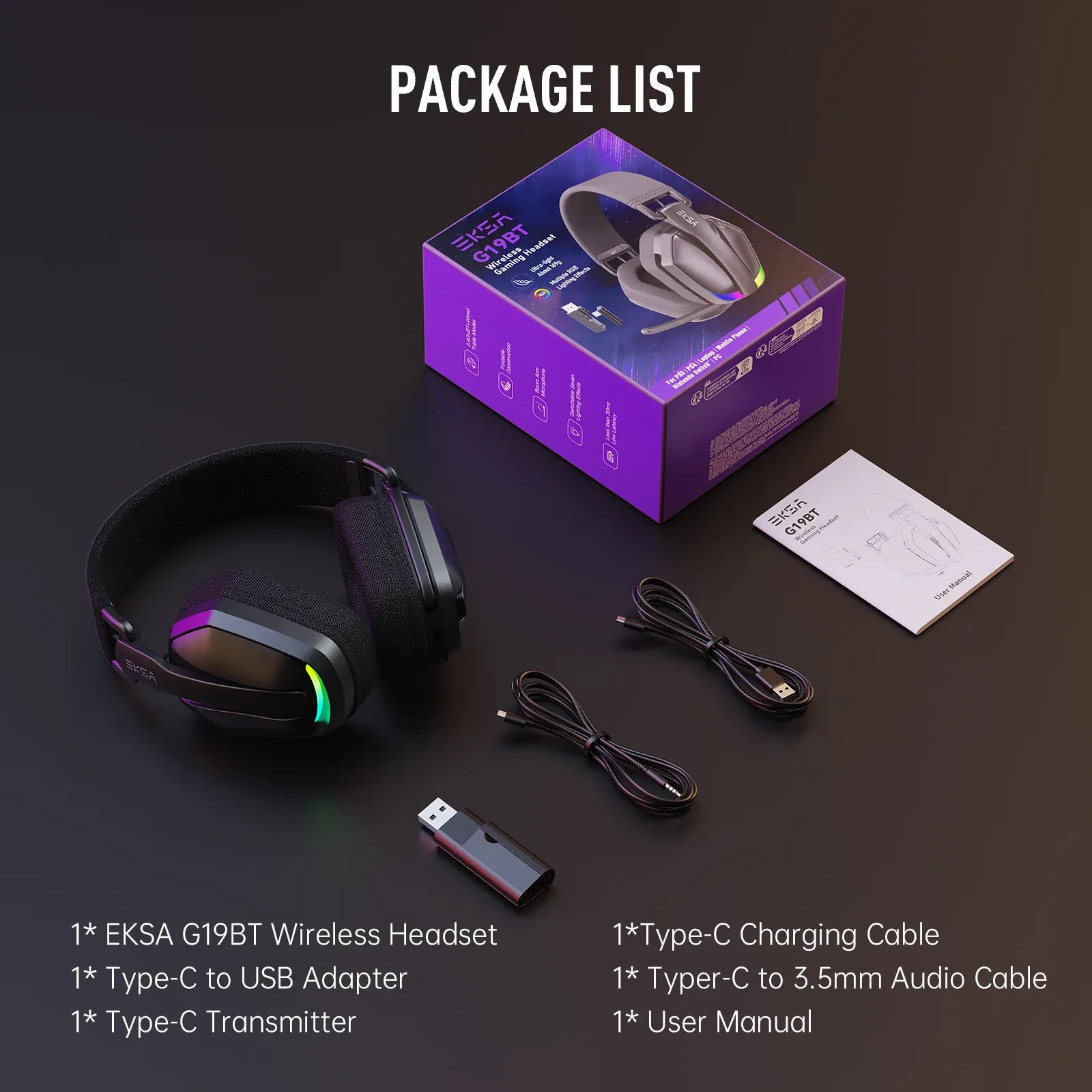 Casque de jeu sans fil EKSA G19BT, 2,4 GHz et Bluetooth 5.4, avec prise jack 3,5 mm, latence de 30 ms, haut-parleurs de 40 mm, autonomie de 35 h, compatible PC, PS5 et Xbox, pliable 7