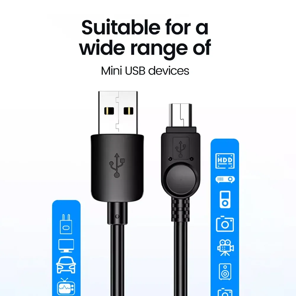 Câble USB Mini T-Port, charge rapide, USB 2.0 vers Mini USB, transfert haute vitesse pour lecteur MP3/MP4, DVR de voiture, GPS, appareil photo numérique 3